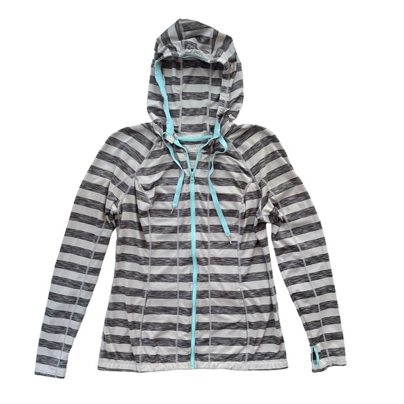 lukka Tops - Lukka Women's L Grey Turquoise Striped Full Zip Thumbholes Active Hoodie Sporty